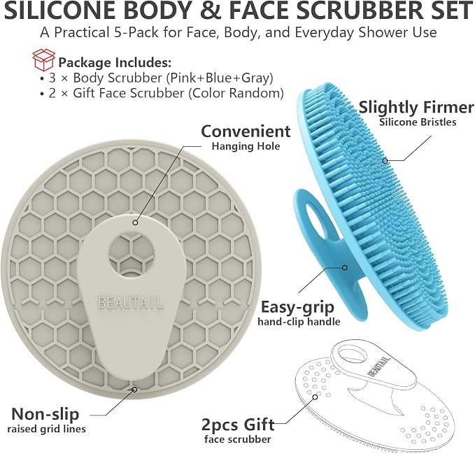 Silicone Body & Face Scrubber Set 5 Pack, BEAUTAIL Gentle Shower Scrubber | Hygienic Silicone Loofah, Easy-Grip Handle, Soft Exfoliating Bath Brush for Sensitive Skin, Women & Men (Gray+Pink+Blue)