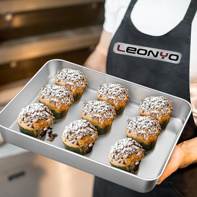 Leonyo 9.3"x7" Lasagna Pan Set of 2, 2In Deep Stainless Steel Baking Sheet | For Commercial Kitchen, Focaccia Bread, Casserole Dish, Oven Safe & Rectangle