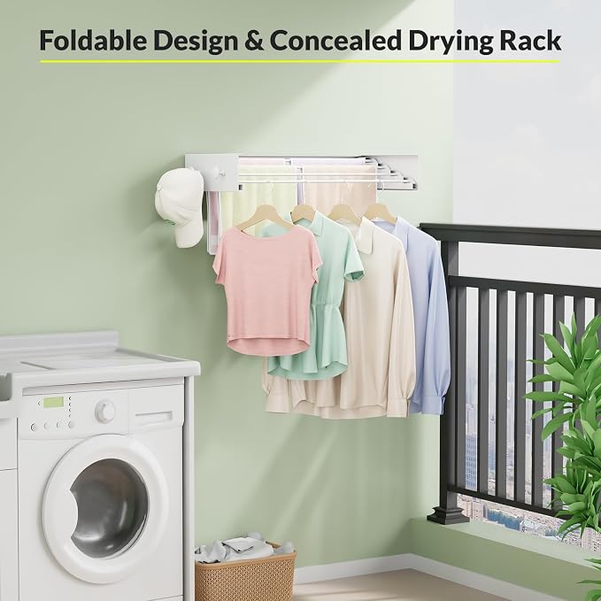 Collapsible Laundry Drying Rack Wall Mounted - 31.5 Inch Metal Clothing Drying Rack with 6 Hooks, Retractable Foldable Dry Racks for Laundry Drying Indoor, Heavy Duty Towel & Coat Hanger