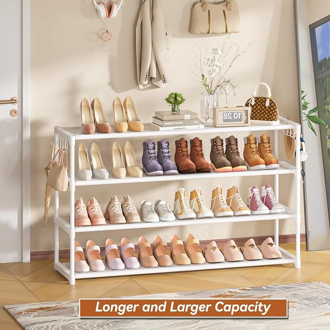 LUKYTOWER Extra Long Shoe Rack 4 Tier with 2 Hooks Shoe Storage Organizer | Wide Stackable Shoe Racks for Closet, Entryway,Shoe Shelf Stand Sturdy Durable Shoes Holder Save Space Up to 26Pairs