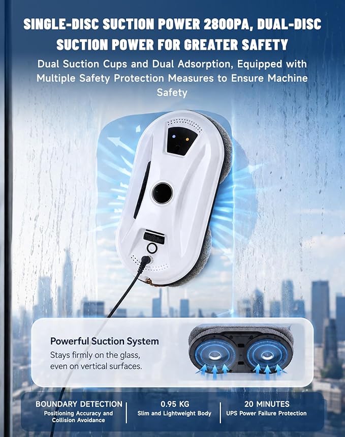 Window Cleaning Robot, Robot Window Cleaner with AI Intelligent Positioning & Edge Detection & Powerful Suction, Anti-Drop Safety for High-Rise Glass & Large Bay Windows