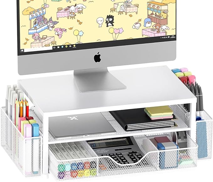 OPNICE Desk Organizer and Accessories, 2-Tier Computer Monitor Stand Riser with Drawer and 2 Pen Holders, Laptop Stand, Office Desk Accessories for Office Supplies, 1 Pack, White
