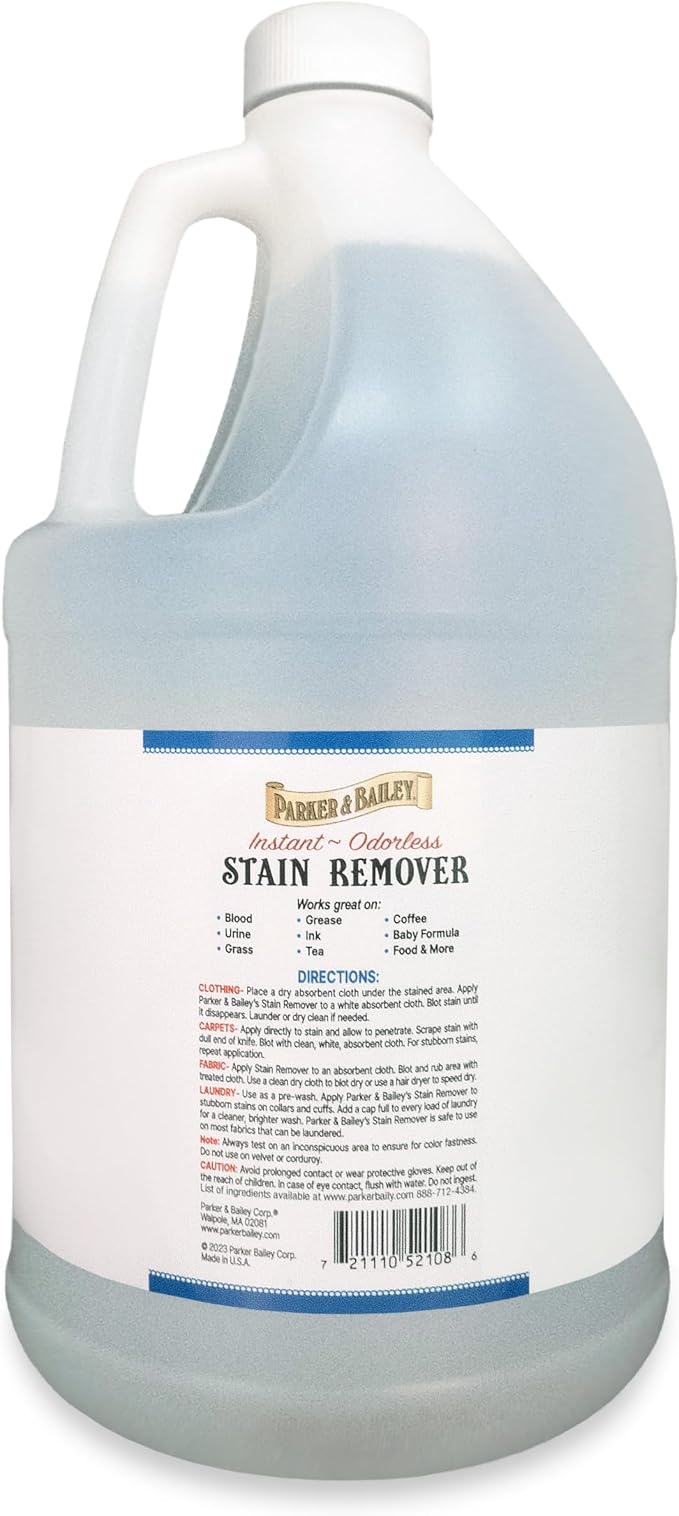 Parker & Bailey Liquid Stain Remover - Instant Stain Removal on Laundry Clothing Fabric Ink Grease Blood Grass Coffee Wine Food Carpet Upholstery Spot Cleaner Odor Free Detergent Booster - Gallon