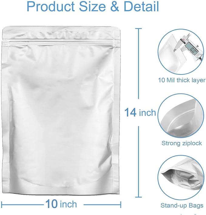 50pcs 1 Gallon-Mylar-Bags for Food Storage, 10 Mil Thick - 10"x14" Stand Up Zipper Pouches Bags, Zip Lock Food Storage Bag for Packaging Products, Reusable, Sealable