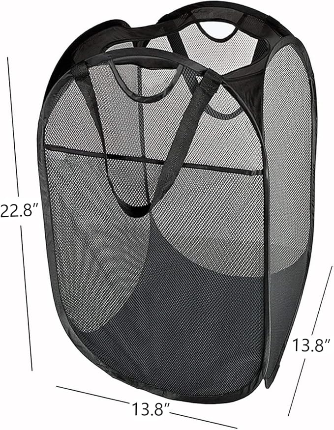 HOUSE AGAIN Strong Mesh Pop Up Laundry Hamper, 70L Collapsible Laundry Basket with Steel Frame, Double‑Stitched Handles & Side Pocket, Foldable Dirty Clothes Hamper for Dorm, Bedroom, Black