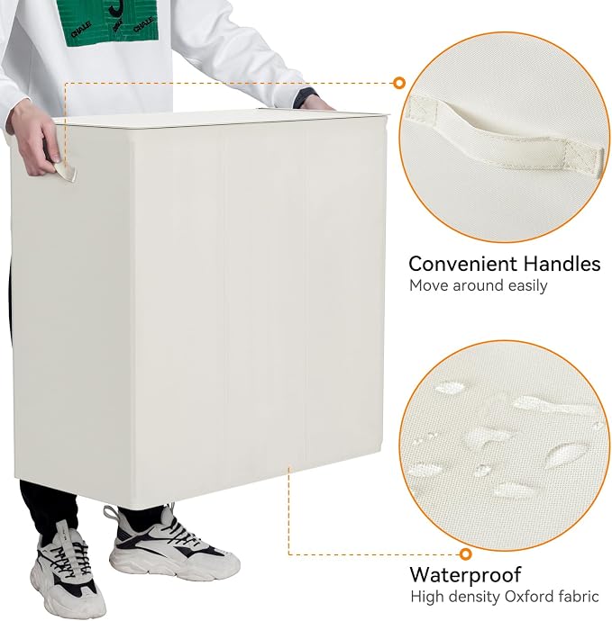 WOWLIVE 180L Laundry Hamper 3 Section, Large Laundry Basket with Lid | Dirty Clothes Hampers with Removable Bags and Handles, Collapsible Laundry Basket Organizer for Dorm Room, College, Beige
