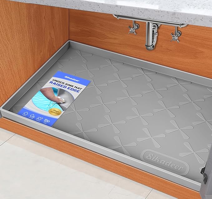 SIKADEER Waterproof Under Sink Mat 22x19, Raised Edge Silicone Mat Under Sink Shelf Liner, Sink Protector Kitchen Cabinet Tray for Bathroom Vanity and Small Cabinets, Cat Food Mat