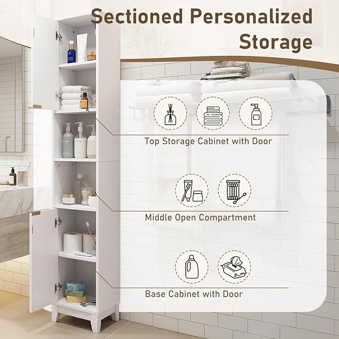 VINGLI White Fluted Tall Narrow Bathroom Cabinet, 67" Slim Freestanding Storage Cabinet for Small Spaces, Wood Linen Tower Floor Cabinet with 2 Doors, Open Shelves & Soft-Close Hinges