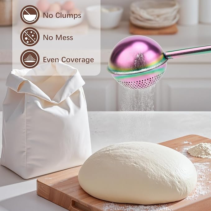 HULISEN Flour Duster for Baking, One-Handed Operation, 304 Stainless Steel Powdered Sugar Shaker Duster, Pick Up and Dust Flour Sifter, Gift Package, Rainbow