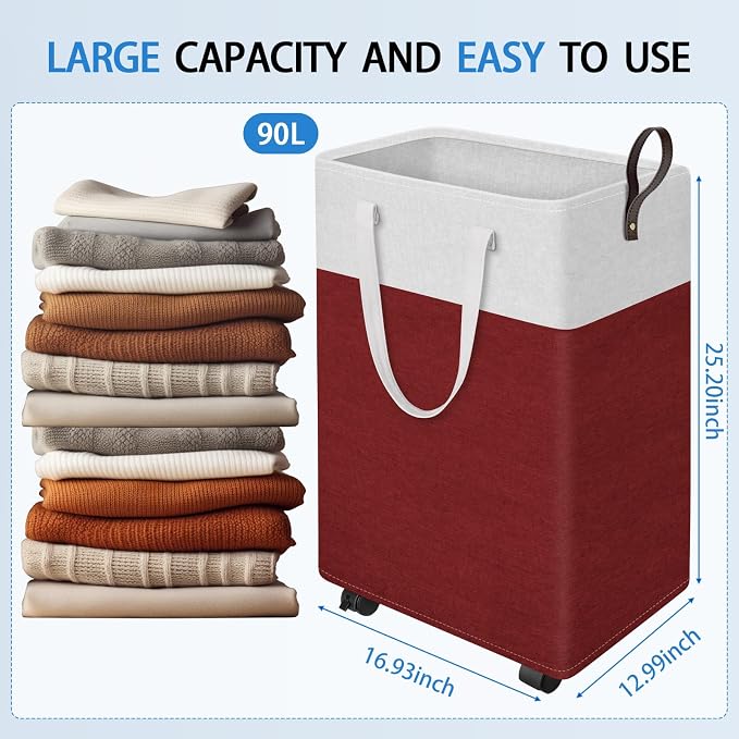 HomeHacks 90L Rolling Laundry Basket with 4 Wheels Collapsible Red | 4 Wheels, Waterproof PEVA Lining, Cotton Flax Fabric, Metal Frame, Bathroom Laundry Room Dorm Storage, Space-Saving Design