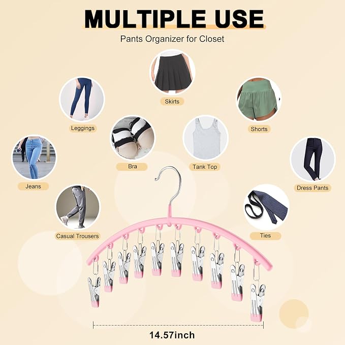 Metal Yoga Pants Hangers 1 Pack w/10 Clips Holds 10 Leggings, Space Saving Hanging Closet Organizer w/Rubber Coated Closet Organizers and Storage, Pink