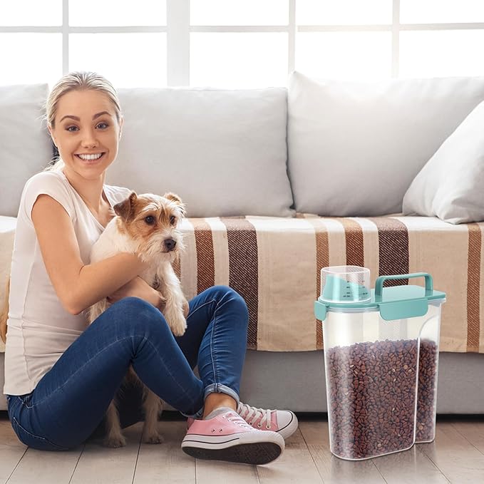 LEAWALK 5-7Lbs Dog Cat Storage Container Portable with Upgraded Large Spout and Cup, Plastic Pet Food Dispenser for Small Animal Kibble, Bird Seed, Oatmeal, Rice, Flour, Brown Sugart- Elegant Blue