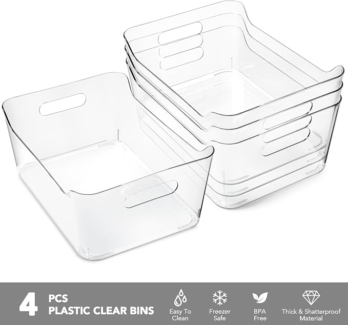 Tiawudi 4 Pack Plastic Storage Bins, Extra Large Pantry Organizer, 13.5" x 10" Clear Storage Containers and Organizer Bins, Multi-Use Bins for Home, Kitchen, Closet and Cabinet