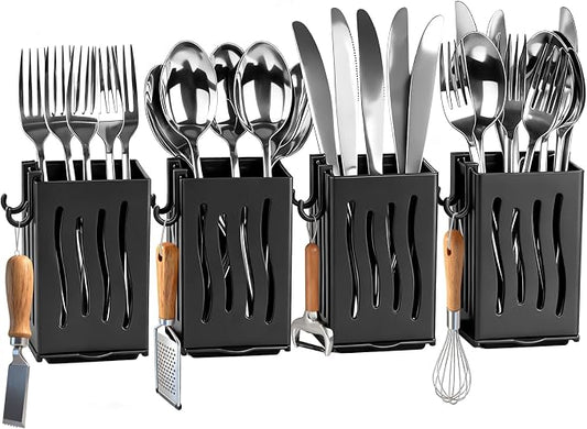Utensil Drying Rack, 4Pcs Wall Mounted Utensil Holder Kitchen Drainage Basket Accessories, Plastic Dish Drainer Cutlery Knife Fork Spoon Holder Organizer, with Drain tray and Hooks