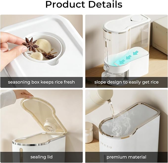 UFORU Rice Dispenser,23-25 Lb Rice Storage Container with Measuring Cup for Kitchen Pantry Household, Cereal Dry Food Storage Containers Airtight, Sealed Moisture Proof,White