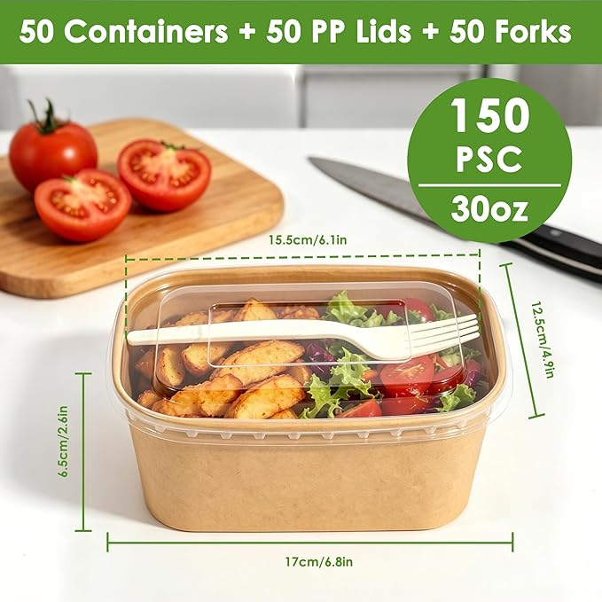 50-Pack 30oz Disposable Meal Prep Containers with Lids and Forks, Compostable Kraft Paper Bowls To Go, Microwave & Freezer Safe Food Containers for Hot Soup, Cold Dessert, Lunch, Takeout