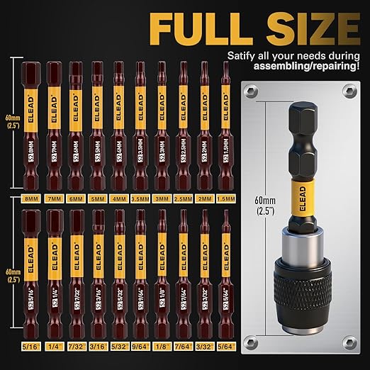 21-Piece 2.5" Allen-Wrench Hex Drill Bit Set, Durable Impact Allen Key Set, Long-Lasting Strong Magnetic Hex Screwdriver Bit Set, SAE & Metric Size, Mechanic Automotive Furniture DIY Home Repairs