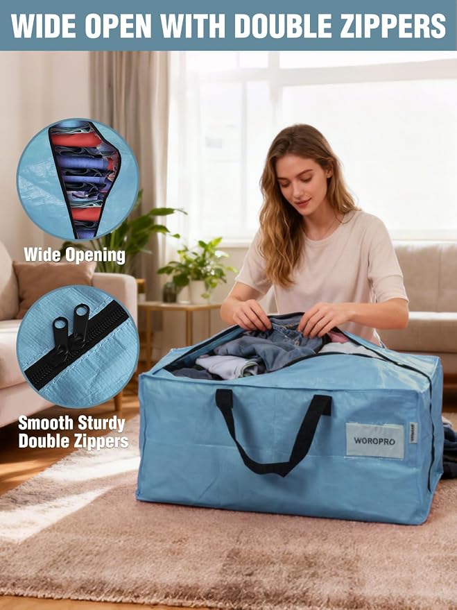 WORKPRO 10 Pack Extra Large Moving Bags with Zippers & Carrying Handles Backpack Straps, Heavy-Duty Storage Tote for Space Saving & Storage, Alternative to Moving Box (Dusty Blue)