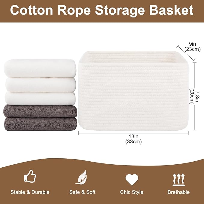 OIASKET Storage Baskets for Organizing, Woven Decorative Baskets for Shelves - Books, Towels, and Clothes, Cotton Rope Toy Storage Bins, 12.7''Lx9''Wx7.8''H, Pack of 4, White