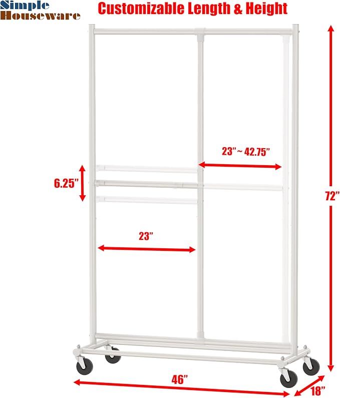 Simple Houseware Dual Bar Adjustable Clothing Garment Rack, 72" H, White | Extendable Middle Bar from 23" to 42.75 Inches Width