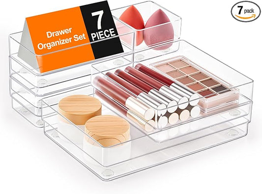 SMARTAKE 7 PCS Drawer Organizer, 4-Size Desk Drawer Organizer Trays | Storage Tray with Non-Slip Silicone Pads for Makeup, Jewelries, Utensils in Bedroom Dresser, Office and Kitchen (Clear)