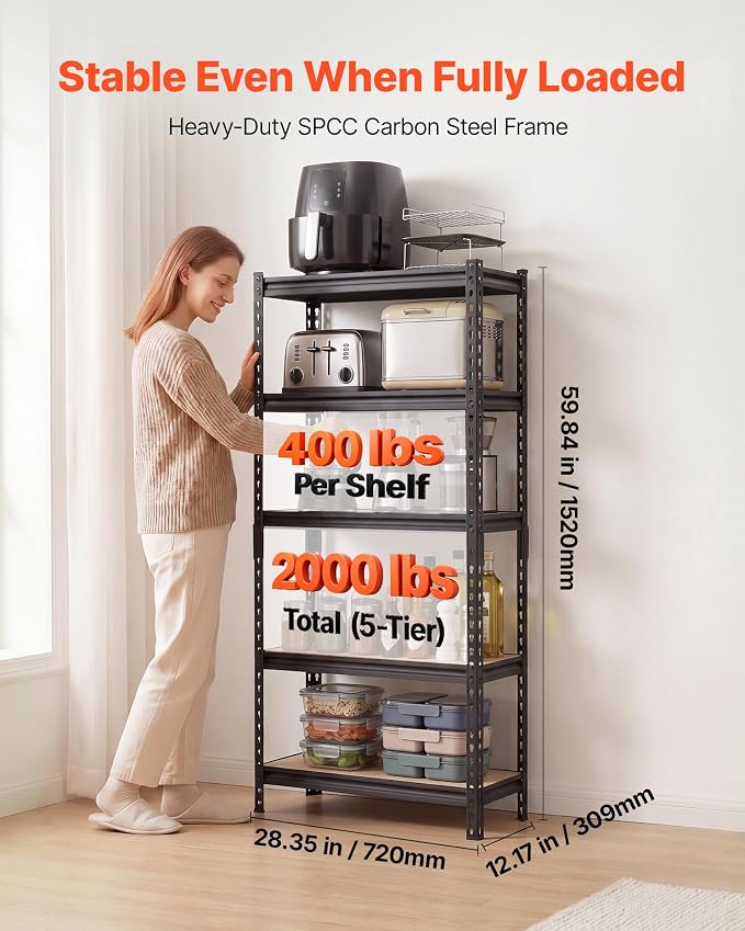 VEVOR Storage Shelves, 5-Tier Adjustable, 2000 lbs Capacity, Heavy Duty Garage Storage Shelving Unit, Metal Utility Rack Shelf, for Kitchen Pantry Basement Bathroom, 28.35" W x 12.17" D x 59.84" H