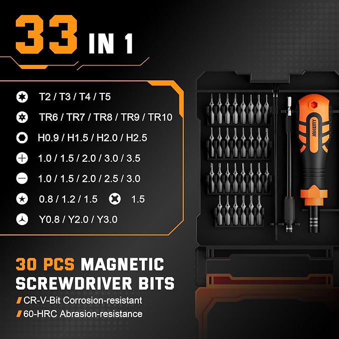 JAKEMY Portable Precision Screwdriver Set, 33 In 1 Mini Manual Screwdriver Set Include 30 Magnetic Screwdriver Bits, ESD Tweezer and Flexible Shaft for Computer, Phone, Watch, Eyeglass, PS5