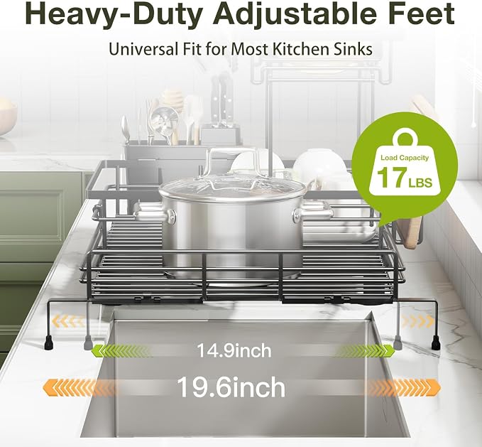 2-Tier Expandable Dish Drying Rack for Kitchen Counter, Black | Large Capacity Dish Rack Organization, Heavy-Duty Carbon Steel, 17 lbs Capacity, Swivel Drain Spout & Cup Hooks