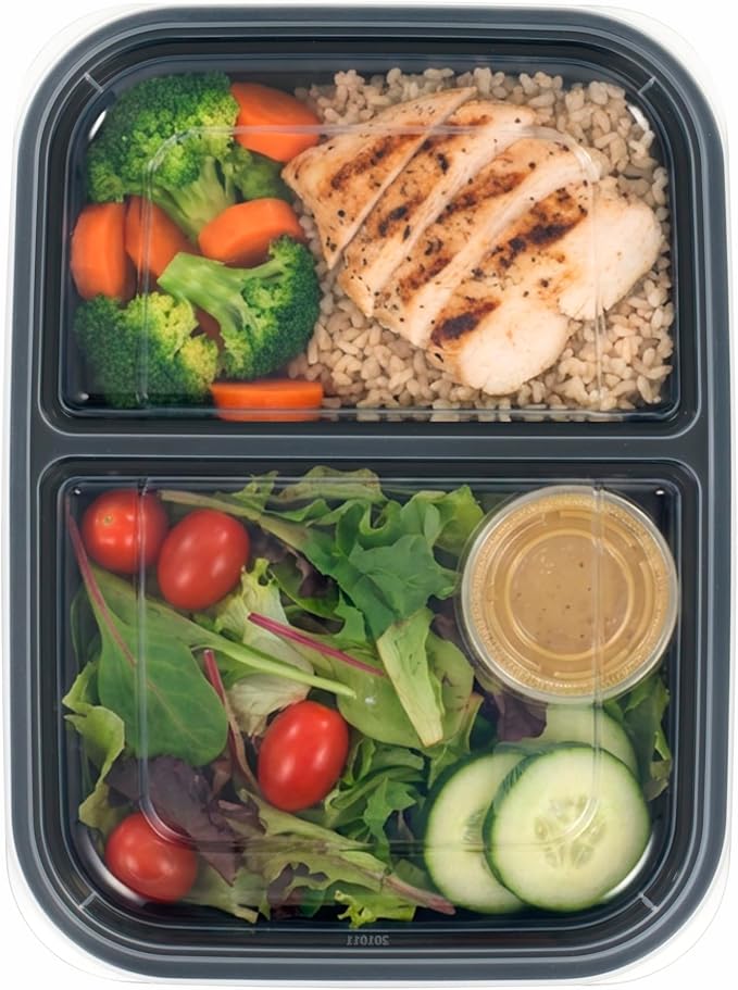 IRIS USA Meal Prep Containers, 36oz - 50 Pack (100-Piece) 2-Compartment Reusable Food Storage Containers with Lids, Plastic Kitchen Food Prep To Go Lunch Box, Microwave Freezer Dishwasher Safe, Black