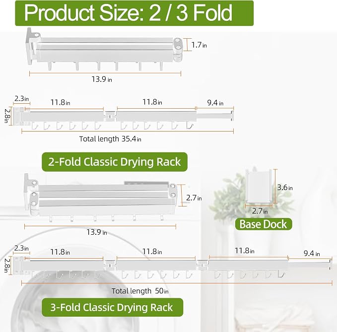 Kelisiting Foldable Clothes Drying Rack, 2 Fold Laundry Drying Rack Wall Mount, [No Drilling] Folding & Durable Space Saver for Laundry, Balcony, Bathroom, Patio, Dormitory, Apartment-White