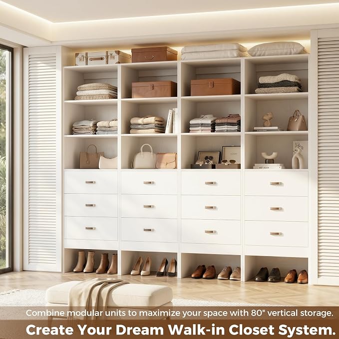 Armocity Freestanding 2FT Closet System with Leather Handles, 24" Walk-in Closets Storage Unit with Cabinet, Wood Wardrobe Closet Organizer and Storage with 3 Drawers for Small Space, Laundry, White