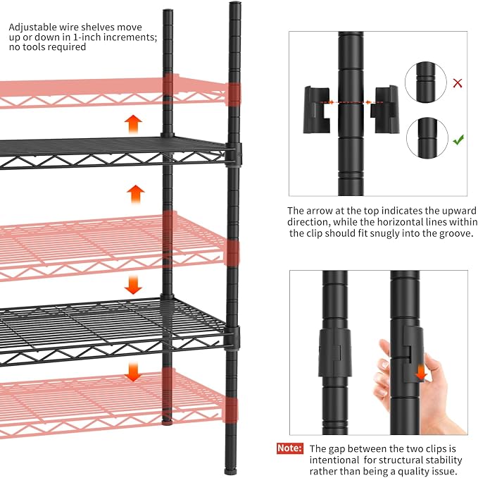 Golpart 4Tier Adjustable Storage Shelves Metal Wire Shelving Standing Shelf | Utility Heavy Duty Unit Rack Closet Organize for Home Kitchen Laundry Room Organization Pantry 12"Dx22"Wx43.5"H Black