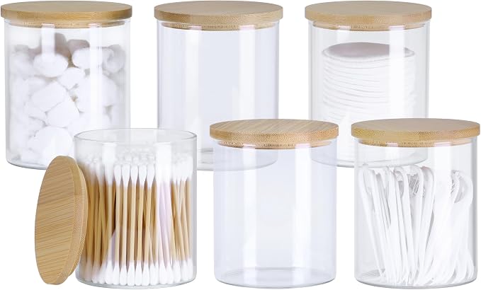 INIUNIK 6 Pack Glass Qtip Holder Dispenser with Bamboo Lid Apothecary Jars Cotton Ball Swab Holder Dispenser Bathroom Vanity Canisters Jars for Countertop Storage and Organization