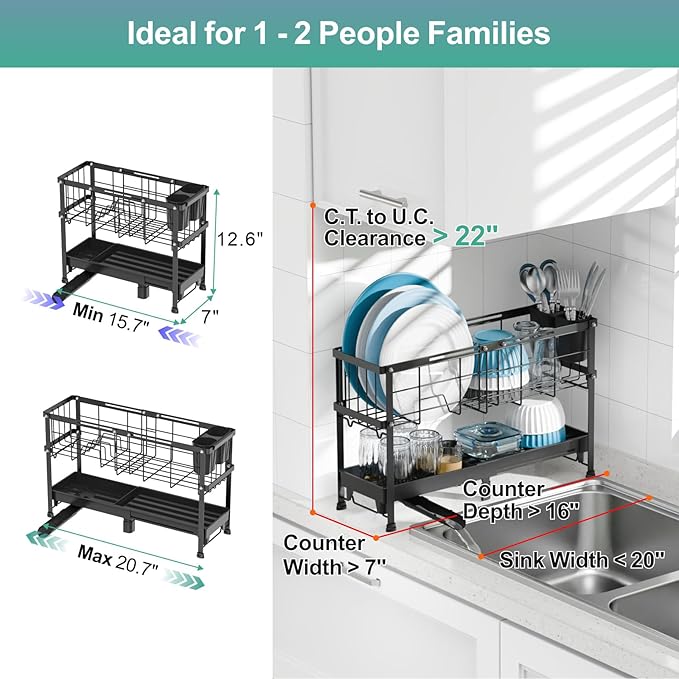 GSlife Narrow Dish Drying Rack, 2 Tier Small Dish Drainer for Kitchen Counter, Expandable Compact Dish Rack with Utensil Holder for RV/1-2 People, 15.7''-20.7''L x 7" D x 12.6" H, Black