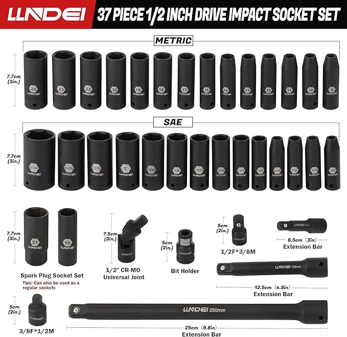 1/2" Drive Deep Impact Socket Set 37Pcs SAE/Metric CR-MO | 3/8"-1-1/4" & 8-24mm, Spark Plug 16/21mm, Universal Joint & Extensions, for Auto, Truck & Heavy Equipment
