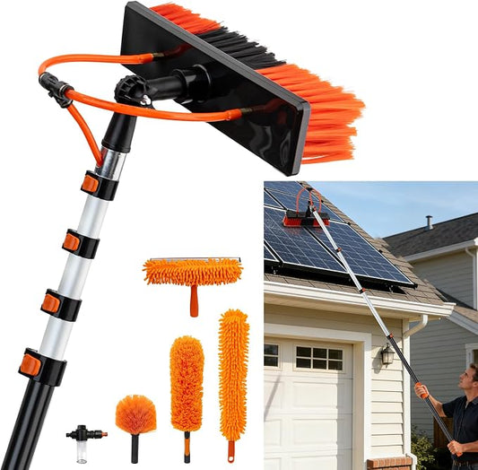 Up to 24FT Reach Water Fed Pole Window Cleaning Kit, 18FT Telescopic Extension Pole with 180° Rotating Brush & Built-in Soap Dispenser for Solar Panels, Windows, RVs, Gutters & Exterior Walls