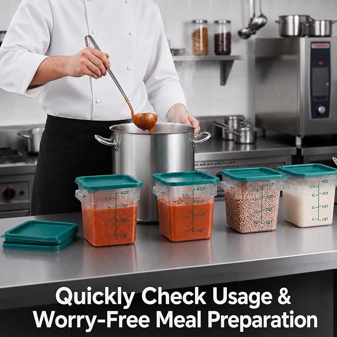 4 Pack 4QT Food Storage Containers with Green Lids, Clear Square Restaurant Commercial Food Storage Containers with Handle and Scale, Marinating Container Dough Rising Bucket for Home & Dining