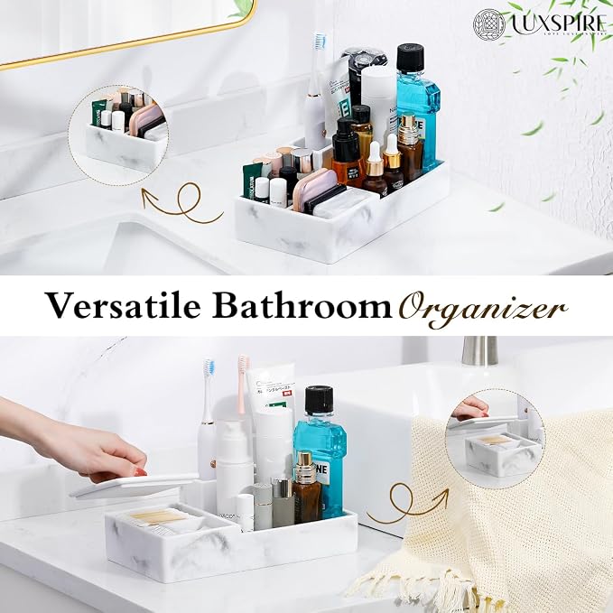 Luxspire Bathroom Counter Organizer with Lid, 6 Slots, Gravel White | Bathroom Vanity Organizer, Bathroom Organizer Countertop for Cotton Ball, Q-Tips, Floss
