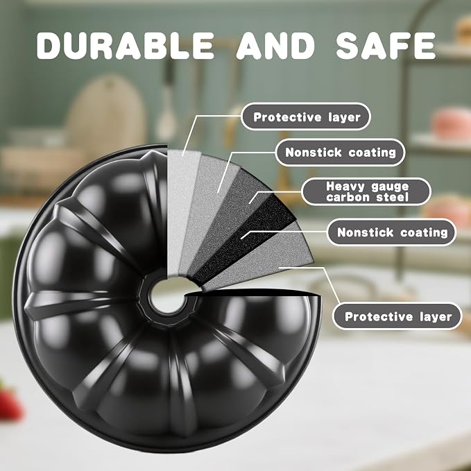 10” Cake Pan, Nonstick Fluted Cake Pan, Buntz Pound Cake Mold,Tube Bakeware,Baking Mold for Jello/Gelatin/Chocoflan, Non Toxic, Easy Clean - Black