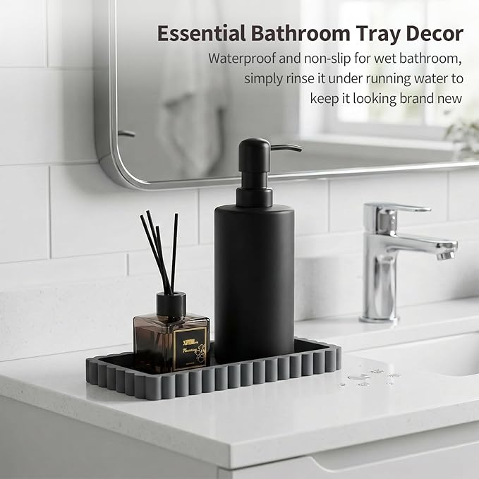 Small Silicone Bathroom Vanity Tray, Sink Caddy for Dish Soap Dispenser, Sponge Holder for Kitchen Sink, Rectangle Bathroom Countertop Organizer for Perfume, Jewelry, Candle (7.9” * 4”, Dark Grey)