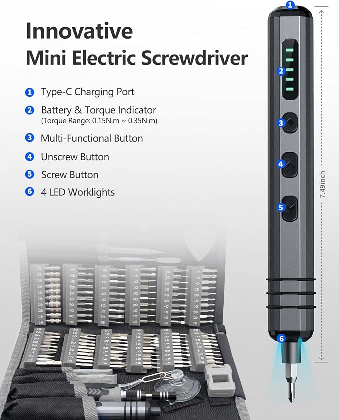 Mini Electric Screwdriver Set 140-IN-1: Small Electric Screwdriver Cordless | 120 Precision Bits, 5 Torque Settings, 4 LED Light, Magnetic Power Screwdriver Repair Tool Kit for PC RC Electronics