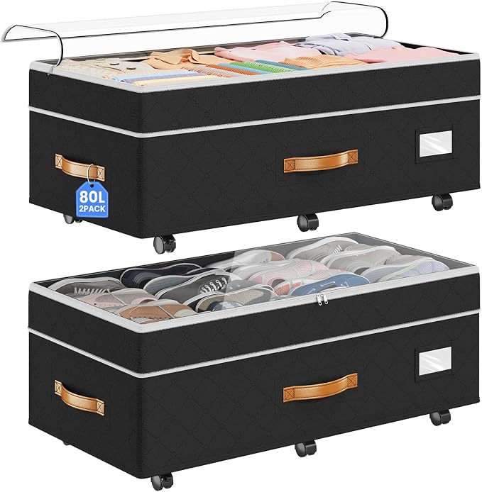 Budding Joy 80L 2 Pack Adjustable Under Bed Storage with Wheels | Underbed containers with clear lids, rolling under bed shoe storage organizer for dorm home clothes, blankets, toys, black