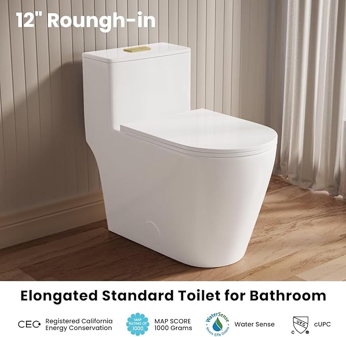 Casta Diva Elongated One Piece Toilet with 17" ADA Comfort Chair Height Seat Compact Toilet for Bathroom Dual Flush 1.1/1.6GPF, 12'' Rough-in, Dual Flush Toilet Button Golden
