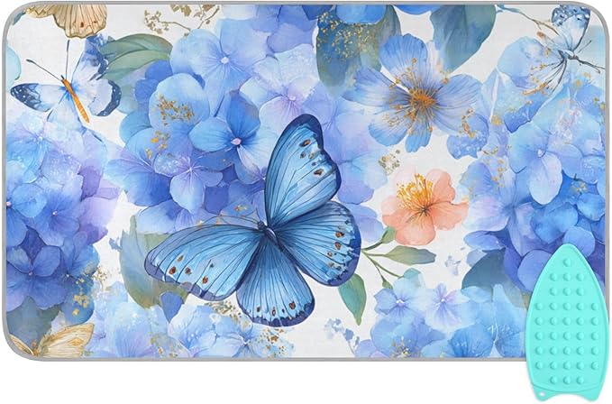 Ironing Mat Portable Ironing Pad Blanket with Silicone Iron Rest for Table Top Travel Heat Resistant Double-Side Using Large 47x28 Inch Foldable Watercolor Butterflies Hydrangea Blue