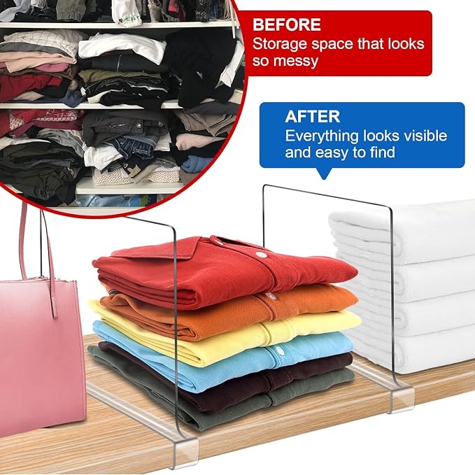 11 Inches [Extra Tall Version] Clear Shelf Dividers for Closet Organization and Storage, 6 Pack Purse Organizer for Closet Acrylic Adjustable Bookshelf for Organization, Perfect for Sweater, Clothes