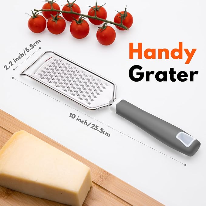 Rainspire Professional Cheese Graters for Kitchen Stainless Steel Handheld, Metal Lemon Zester Grater With Handle For Cheese, Chocolate, Spices, Kitchen Gadgets And Tools, Soft Grip Handle, Grey