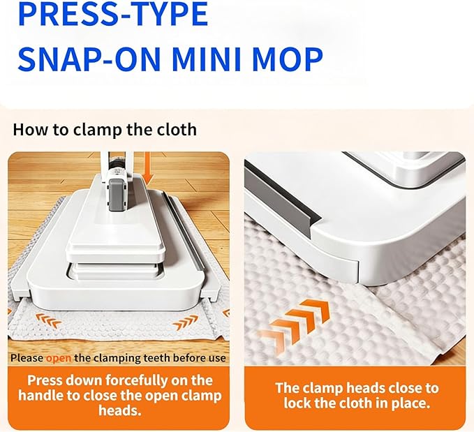 Snap Grip Mini Mop for Tight Spaces – 39in Compact Handle, One-Click Zero-Touch Cloth Change Flat Map, Compatible with Tissues/Wipes/Old Cloths/Disposable Pads, Wet/Dry Cleaning (10 Reusable Cloths)