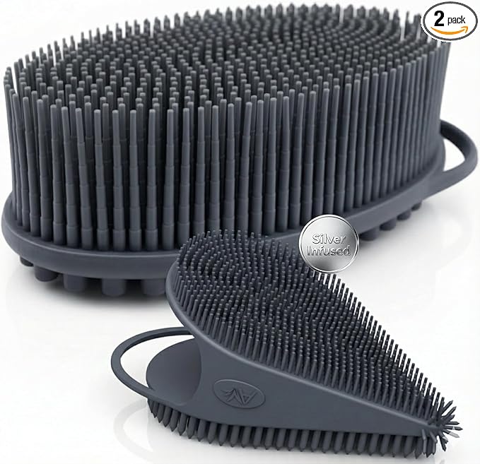 Avilana Silicone Body Scrubber for Shower – SGS Certified Food Grade Dual Sided Bath Brush, Gentle Exfoliating Silicone Loofah Alternative, Sensitive Skin Body Brush (Dark Gray-Silver, Body & Face)