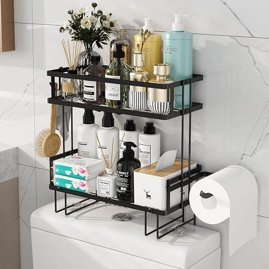 Godboat 2-Tier Over Toilet Storage Shelf, Wall-Mount with 2 Hook/Paper Rack | Bathroom Organizers and Storage Cabinet, Behind/Above/On/Top/Back Tank Shelves, Decor for Bathroom/Restroom/Kitchen/Bedroom
