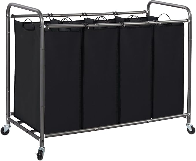 STORAGE MANIAC Laundry Sorter 4 Section, 47.5 Gal (180 L) Laundry Hamper with Wheels, Clothes Divider Basket Sorter, Separator Hamper Cart with Removable Bags, Black